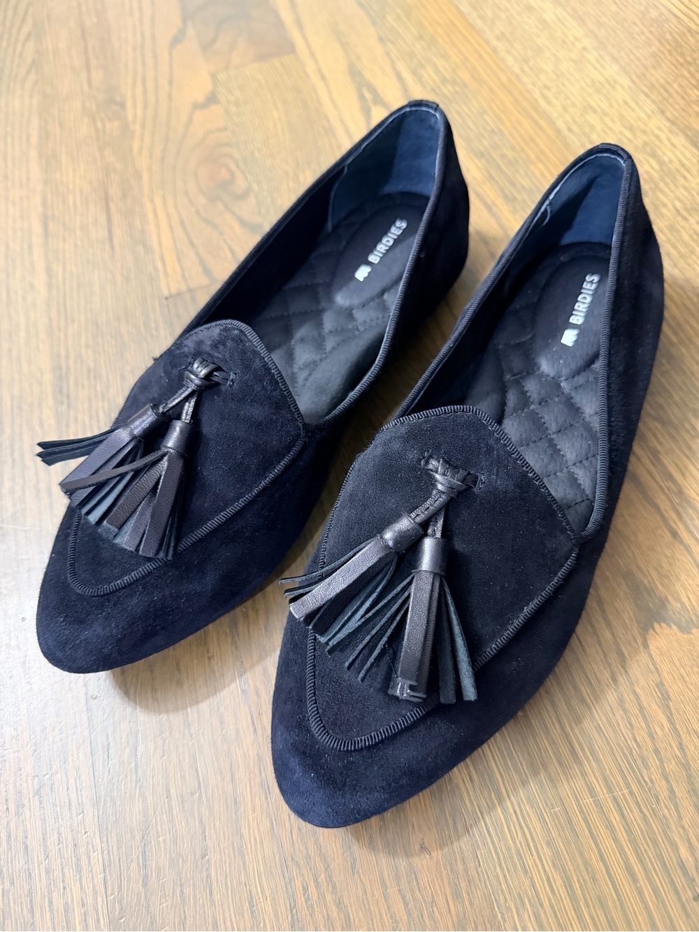 Birdies Black Suede Faux Fur Tassel Loafers